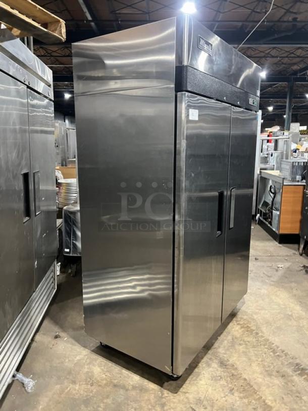 Migali Commercial Stainless Steel 2-Door Vertical Reach-In Freezer, Model C-2F, Energy Star Certified, on casters.