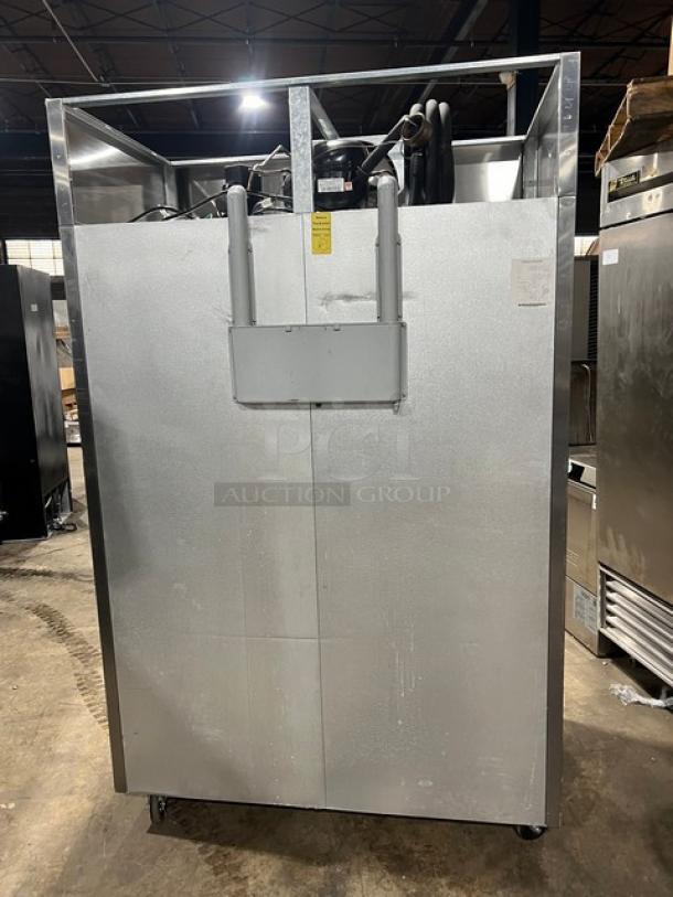 Migali C2F commercial stainless steel 2-door reach-in freezer, Energy Star certified, on casters, poly coated wired rack.