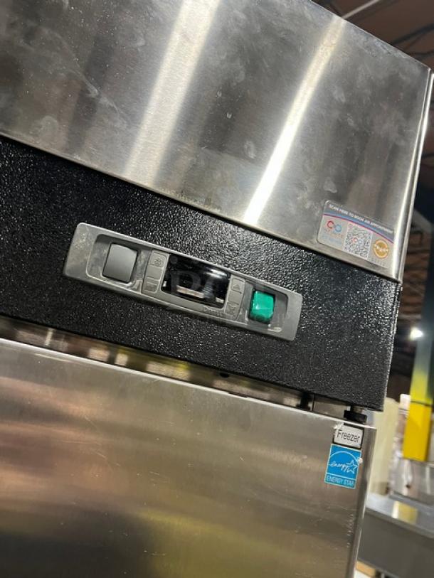 Migali C2F Commercial Stainless Steel 2-Door Freezer, Energy Star Certified, control panel detail, on casters.