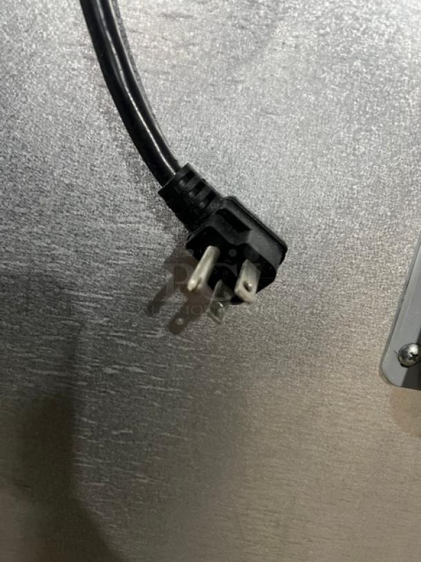 Migali Commercial Stainless Steel 2 Door Freezer, Model C-2F. Energy Star Certified, 115V, on casters. Plug detail shown.