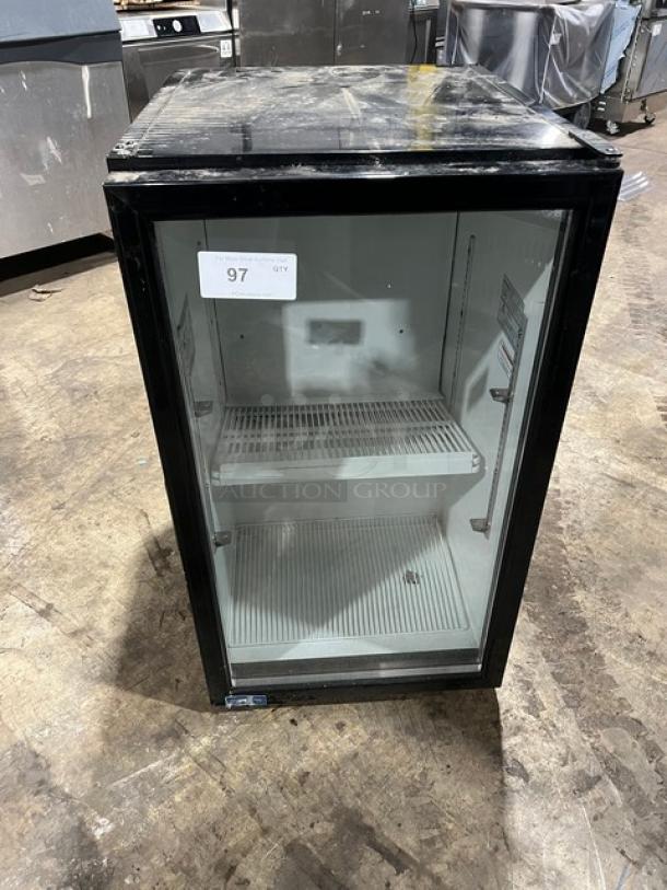 FrigoGlass UR30-CC black single glass door refrigerator, with poly coated wired rack, Model FG-UR30-CO2, 120V, 1 phase.