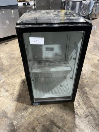 FrigoGlass UR30-CC black single glass door refrigerator, with poly coated wired rack, Model FG-UR30-CO2, 120V, 1 phase.