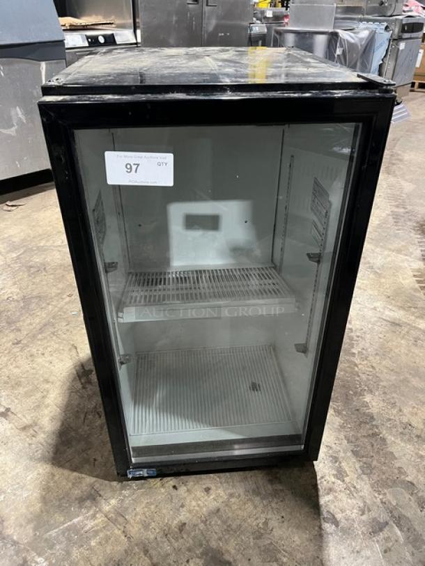 FrigoGlass UR30CC commercial black single glass door countertop beverage merchandiser, 2020 model, poly-coated rack.