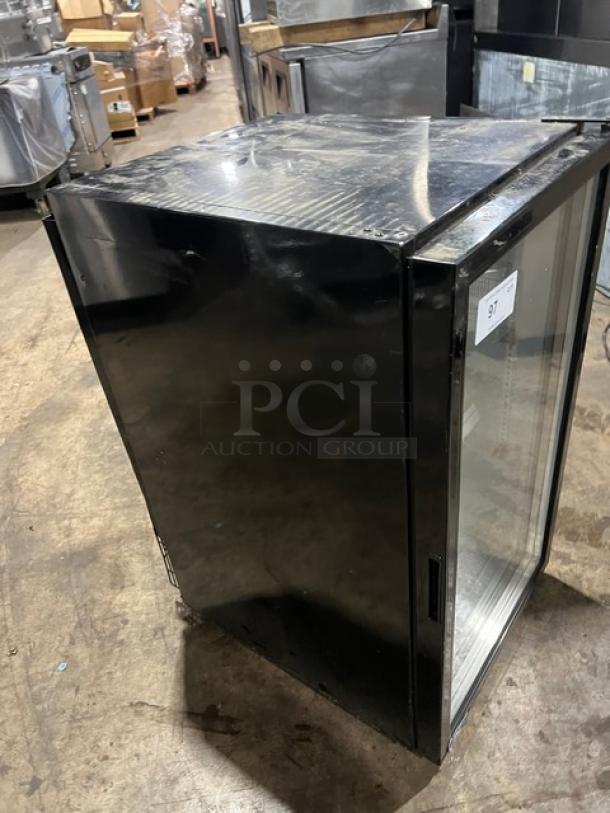 FrigoGlass UR30CC commercial black single glass door beverage merchandiser refrigerator, 2020 model, poly coated rack.