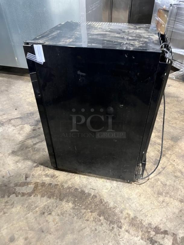 FrigoGlass UR30CC black single glass door reach-in beverage merchandiser refrigerator, poly coated rack, 2020 model, 120V.