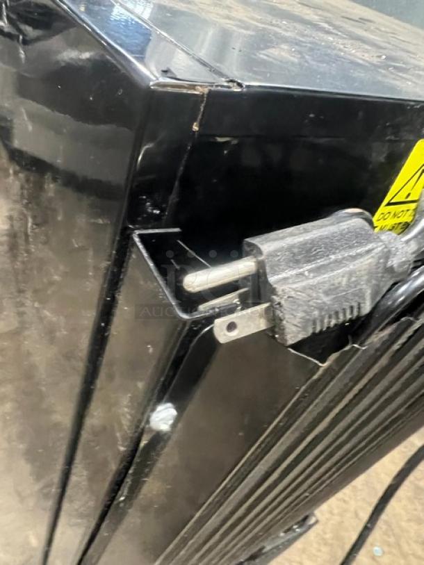 FrigoGlass commercial black single glass door merchandiser, model UR30CC, showing edge detail and power cord.