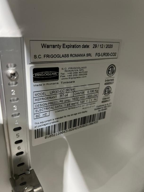 FrigoGlass UR30CC beverage merchandiser label with specs: model UR30-CC, 120V 1 Phase, refrigerant R744.