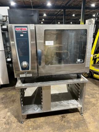 Rational Self Cooking Center 5Senses Series Commercial Stainless Steel Natural Gas Powered 6-Pan Full-Size Combi Oven! With Wired Oven Racks! With 2-Section Pan Holding Equipment Stand/Base! Model: SCCWE62G SN: G62SH15102480548! 208V 1 Phase! On Legs! - Item #1218979