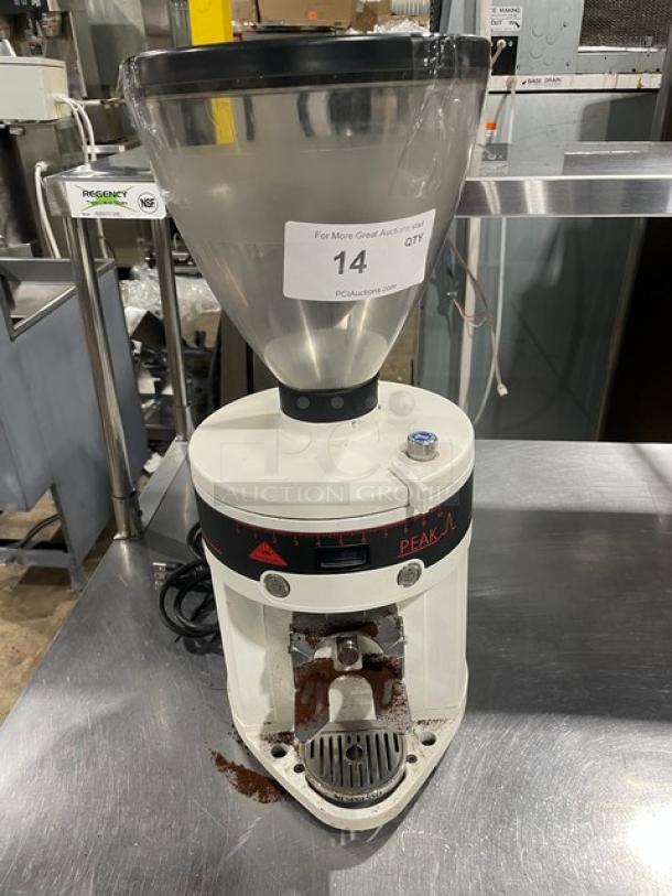 White Mahlkonig PEAK Series commercial espresso grinder, clear hopper, countertop, electric-powered, 2019 model.
