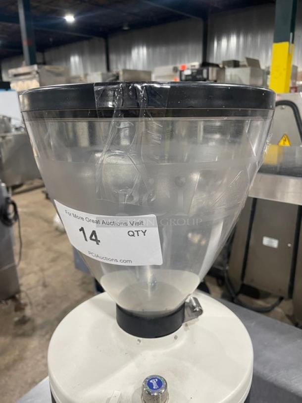 Synesso S200 espresso machine with Mahlkonig PEAK grinder, 2019 model, white, electric, clear hopper, tagged for auction.