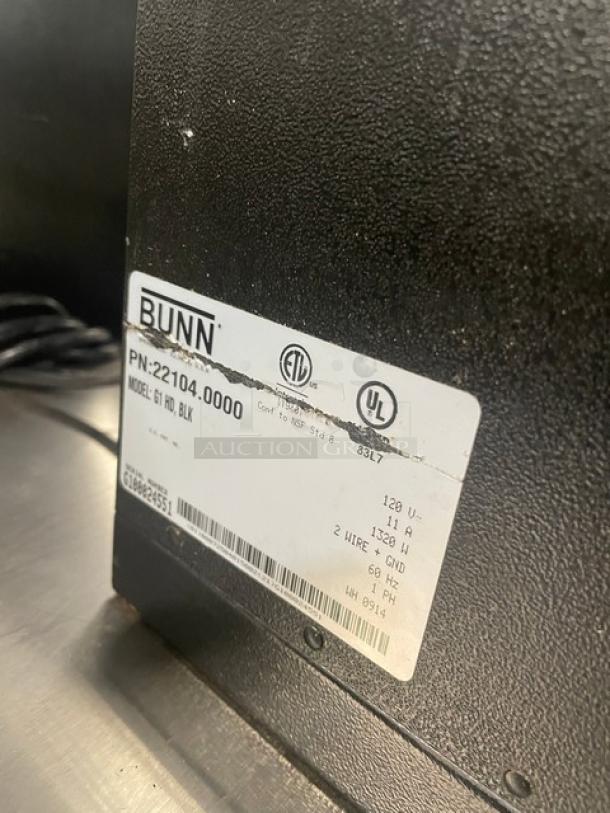 Bunn Coffee Mill G1HD, commercial black espresso grinder, electric, model G1HD, SN: G100024551, 120V, UL certified.
