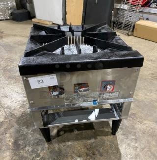 L&J Stainless Steel Natural Gas Single Burner Stock Pot Range, Model OWST-018-2, on legs, excellent condition.