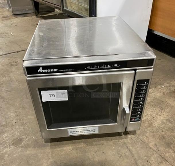 Amana 2014 commercial stainless steel microwave, model RC30S2, with programmable touchpad, in good condition.