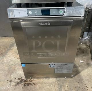 Hobart Advansys LXe Series stainless steel high-temp undercounter dishwasher, Model LXER, Energy Star, with full-size cup rack.