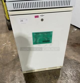 Fisher Scientific undercounter flammable storage unit, model 979381, white, single door, with poly-coated wire rack.