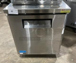 Turbo Air MUR-28 undercounter refrigerator, stainless steel, single door, poly-coated wire rack, on casters, 115V.