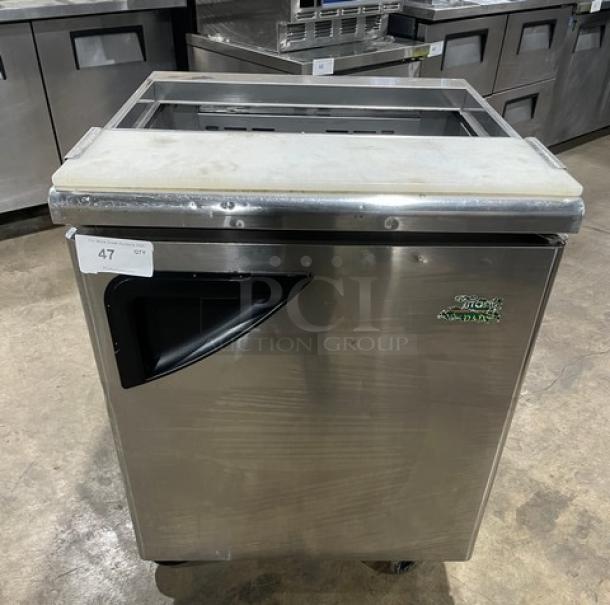 Turbo Air TST-28SD Stainless Steel Single Door Prep Table with Cutting Board, 115V, on Casters, Excellent Condition.