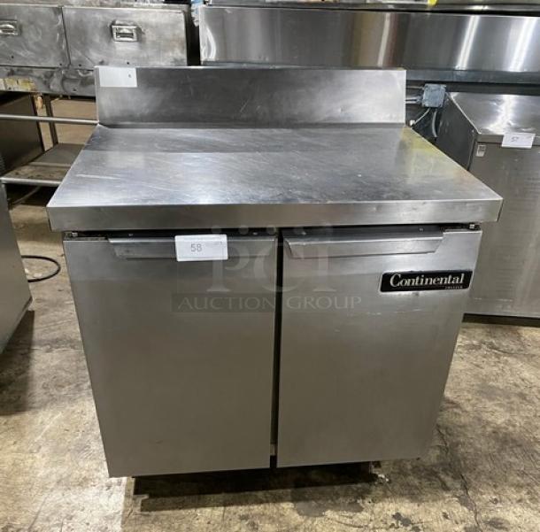 Continental Commercial Stainless Steel 2-Door 36" Worktop Freezer, Model SWF36-BS, with up-turned backsplash, on casters.