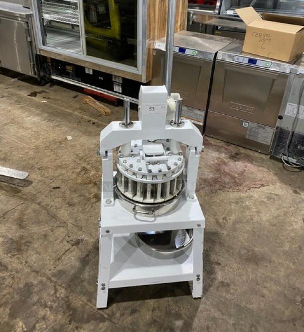 Migsa commercial white manual dough divider with single undershelf and legs, in good condition, ideal for bakery use.