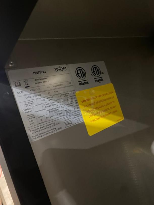 Asber model ADDC23HC label, showing details like serial number 8102860810, 115V 1 Phase power, ETL certification.