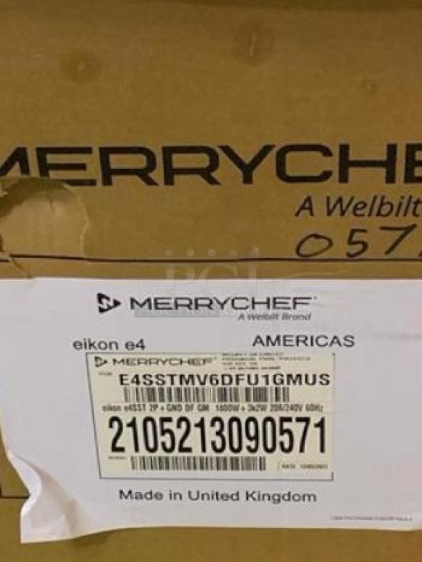 Brand new Merrychef eikon E4 high-speed cooking oven in box, 208/240V, Made in UK. Label indicates model and power specs.