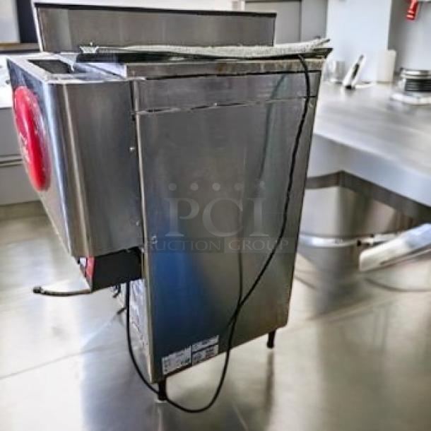 Lancer IBD 4500 soda fountain dispenser, 8-flavor, stainless steel, 115V, in immaculate condition, side view, visible wiring.