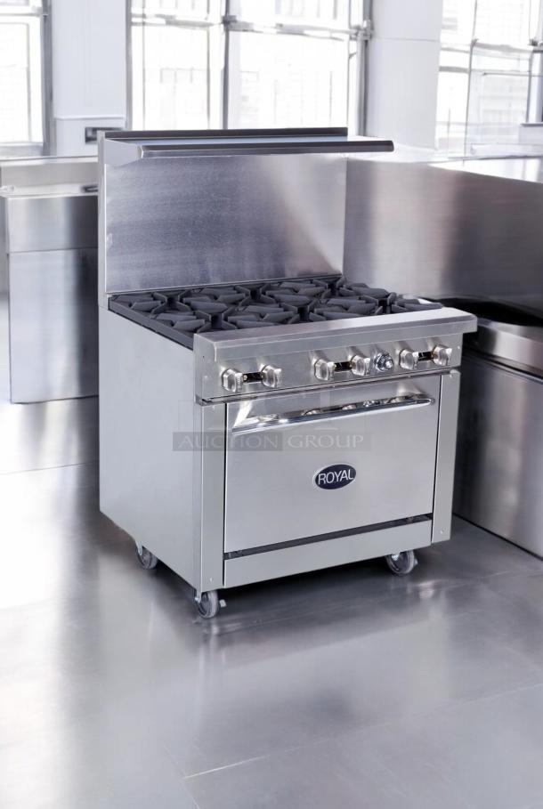 Royal Range RR-6-C 36" gas range, 6 burners, convection oven, superb condition, 210,000 BTU, fully tested, stainless steel.