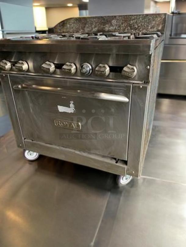 Royal Range RR-6-C, 36" gas range with 6 burners, convection oven, superb condition, 210,000 BTU, fully tested, stainless steel.