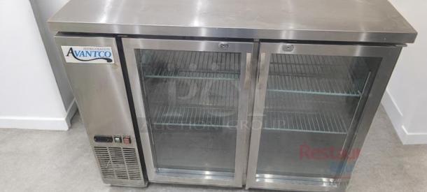 Avantco 178BCB48 2-door glass back bar refrigerator, superb condition, 115V, tested, brand label visible.