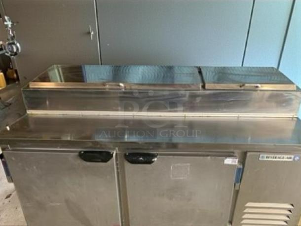 Beverage-Air DP67 67" pizza prep table in outstanding condition, stainless steel, refrigerated base, fully tested and working.