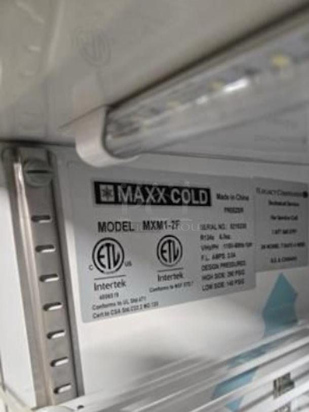 Maxx Cold MXM1-2F countertop display freezer label, Model MXM1-2F, 115V, Intertek certified, top-tier condition.