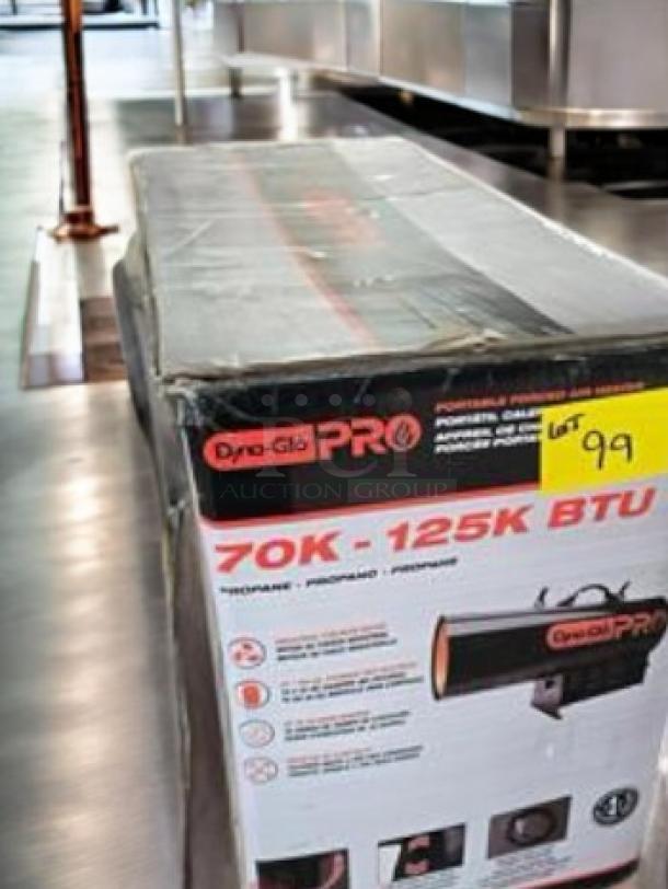 Brand new HeatFast HF125G forced air propane heater, 125,000 BTU, factory sealed in box, labeled for industrial use.