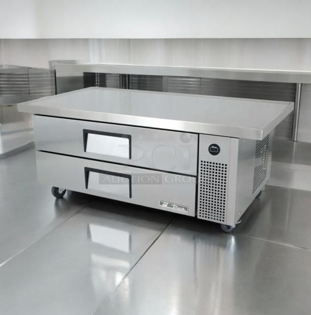 Commercial Chef Base Refrigerator, two-drawer, U.S. made, superb condition, 115V, fully tested, stainless steel finish.
