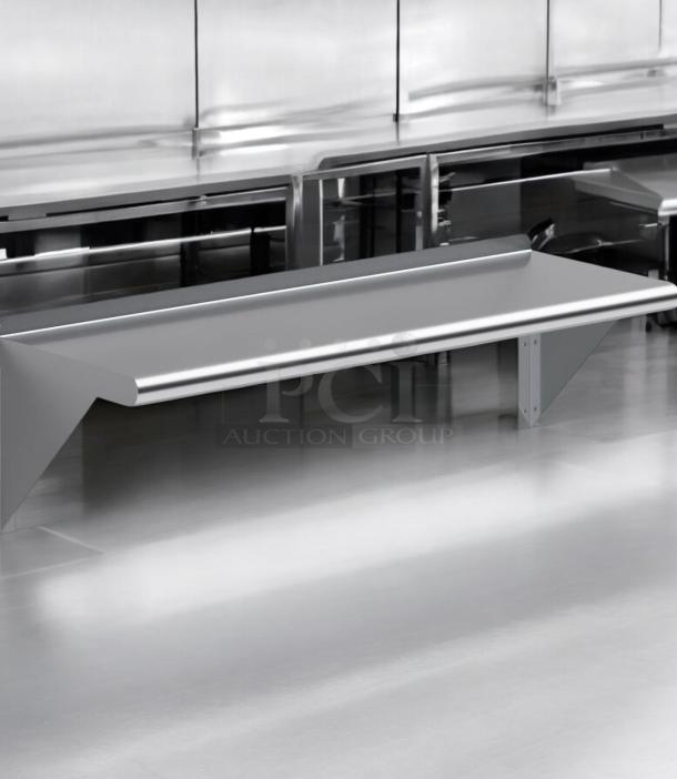 Immaculate stainless steel wall-mounted shelf, heavy-duty commercial kitchen grade, fully tested, ready for use.