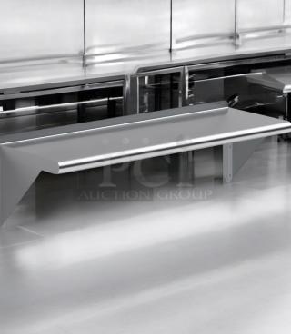 Immaculate stainless steel wall-mounted shelf, heavy-duty commercial kitchen grade, fully tested, ready for use.