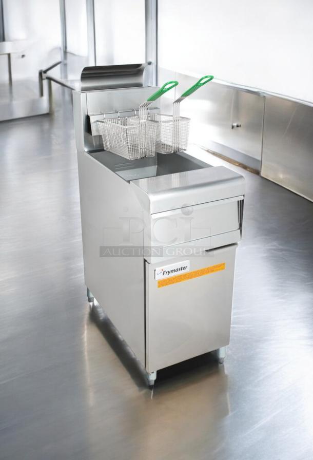 Frymaster MJ45 gas fryer, 50 lb capacity, natural gas, outstanding condition, fully tested, stainless steel, Frymaster label visible.