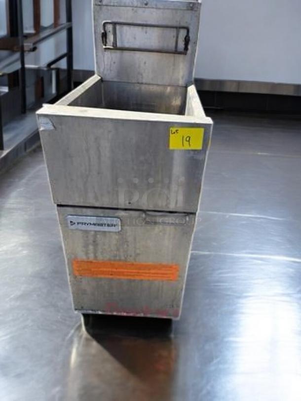 Frymaster MJ45 gas fryer, 50 lb capacity, natural gas, in outstanding condition. Visible labels include Frymaster branding.