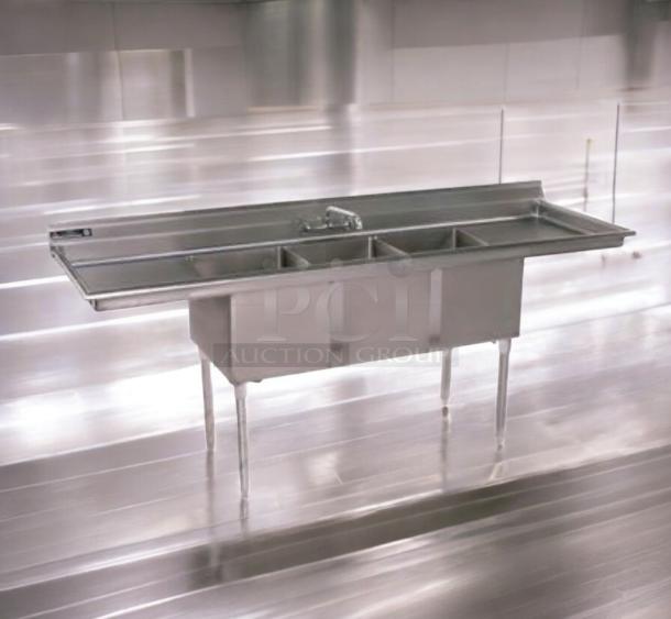 Stainless steel 3-compartment sink with dual drainboards and faucet. NSF certified. Advance Tabco model 3CS-182414-2D. Superb condition.