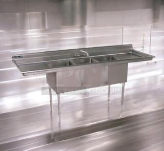Stainless steel 3-compartment sink with dual drainboards and faucet. NSF certified. Advance Tabco model 3CS-182414-2D. Superb condition.