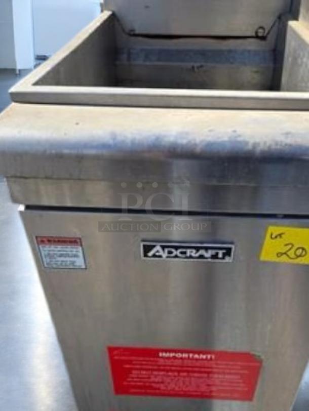 Adcraft FFAF-50/25 50 lb. floor gas fryer, stainless steel, natural gas, great condition, tested, visible labels.