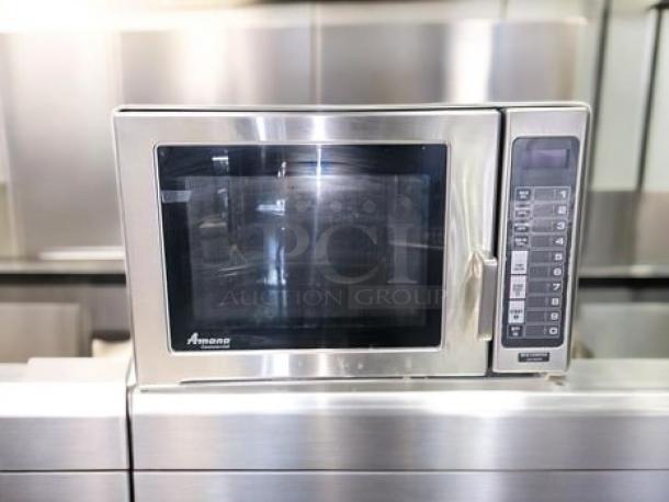 Amana RFS12MP commercial microwave oven in top-tier condition with control panel, stainless steel finish, 120V, tested and working.