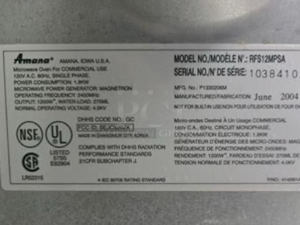Amana RFS12MP commercial microwave label showing model, serial number, certifications, and manufacturing details.