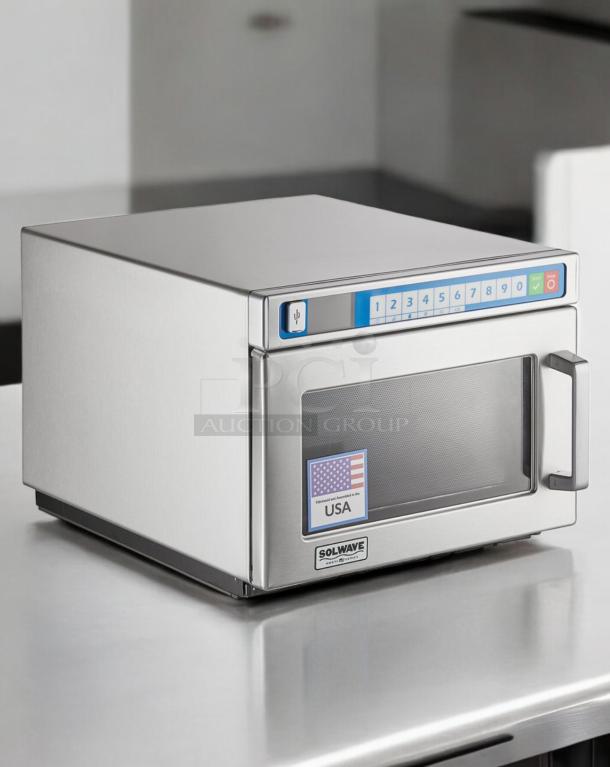 Pristine Solwave MW1000T commercial microwave oven, stainless steel, 120V, touchpad controls, USA-made, fully tested.
