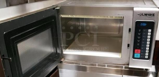 Pristine Solwave MW1000T commercial microwave oven, stainless steel, open door, touchpad controls, fully tested, 120V.