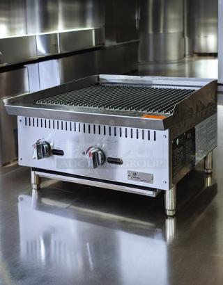 Kintera CBR36 36" gas charbroiler, top-tier condition, natural gas, fully tested, stainless steel, control knobs visible.