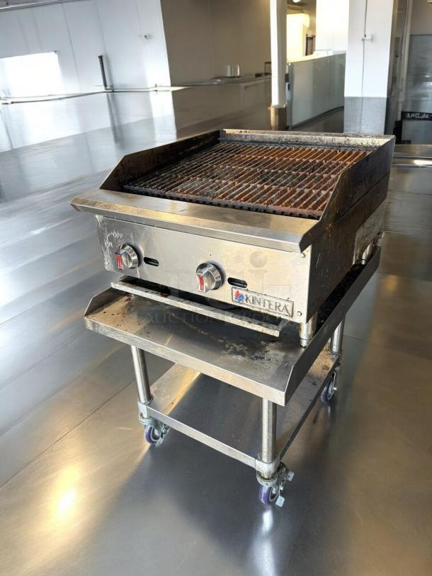 Kintera CBR36 36" gas charbroiler, natural gas, excellent condition, fully tested, with control knobs and Kintera logo visible.