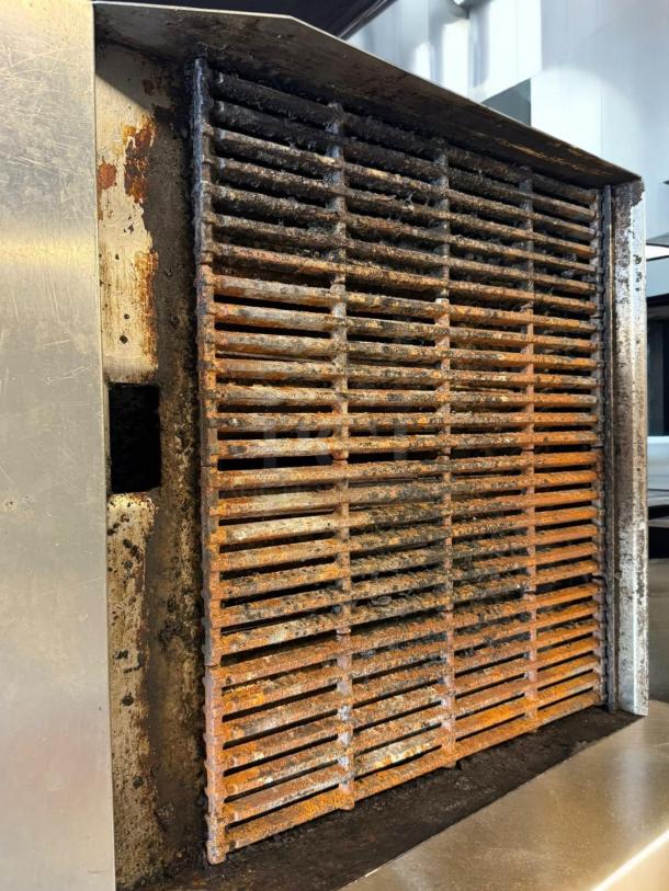Kintera CBR36 36" gas charbroiler, natural gas, tested, top-tier condition, metal grates, commercial use, side view.