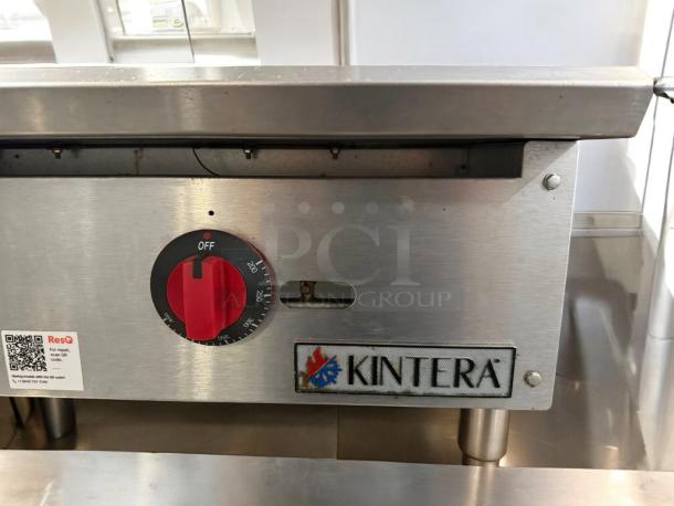 Kintera KG-36 commercial gas griddle, 36", in prime condition. Features a temperature control knob and visible branding.