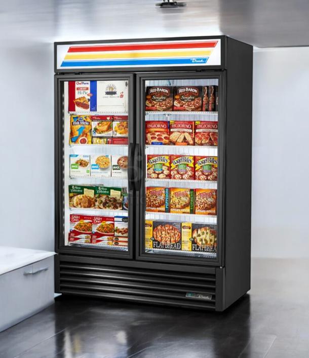 True GDM-49F-LD double door glass freezer merchandiser in outstanding condition, 115/208-230V, fully tested and working.
