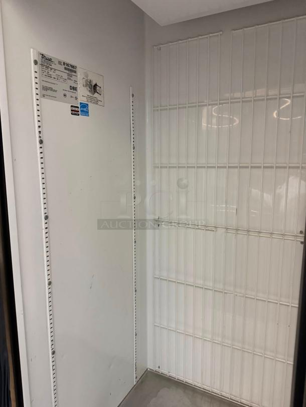 True GDM-49F-LD double door glass freezer, outstanding condition, white interior, model and specs visible on panel.